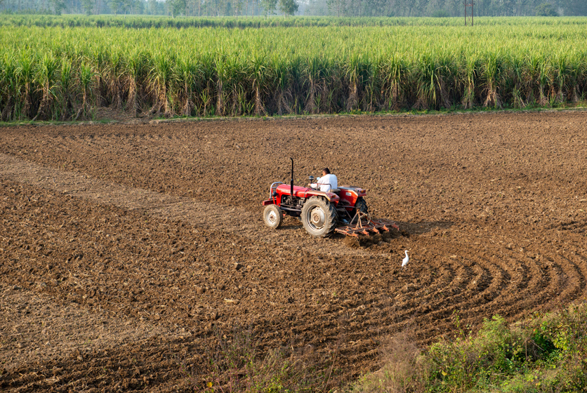 Farmer on a tractor ploughing a land