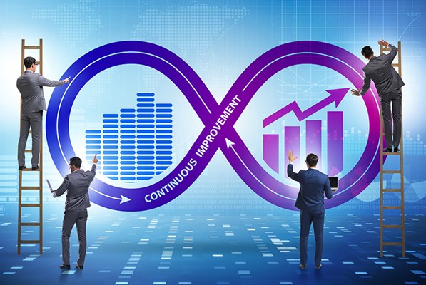 Illustration of continuous improvement with business men, graphs and ladders