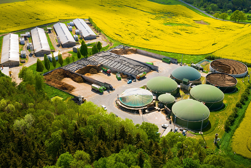 Biogas plant farm in a field