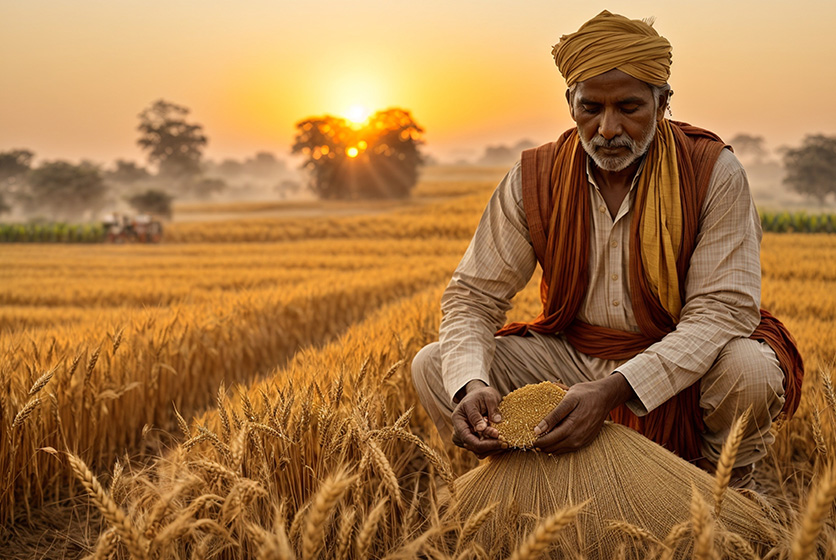 Farmer harvesting grains in a field